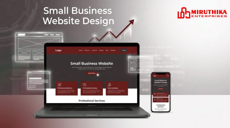 Small business website design on laptop with responsive web development and business growth concept