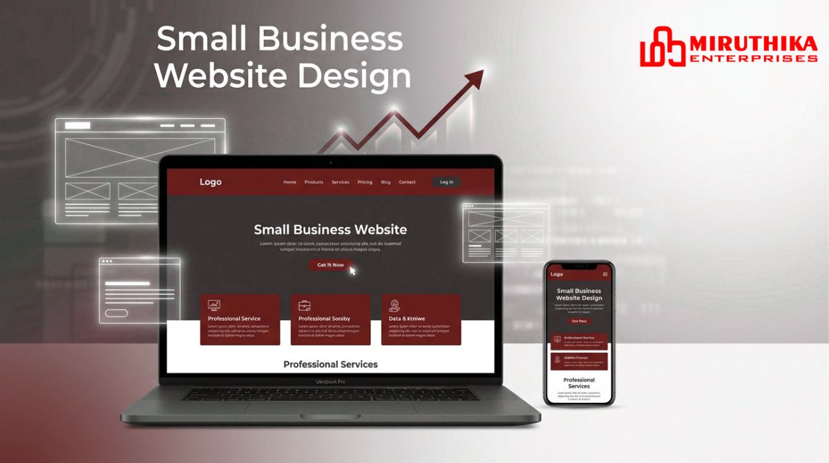 Small business website design on laptop with responsive web development and business growth concept